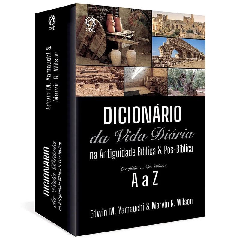Livro Dicionário da Vida Diária na Antiguidade Bíblica e Pós-Bíblica, capa preta com imagens e título. — Plenitude