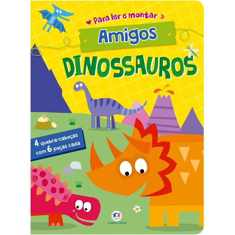 Livro infantil Amigos dinossauros, capa amarela com dinossauros coloridos e quebra-cabeças. — Plenitude