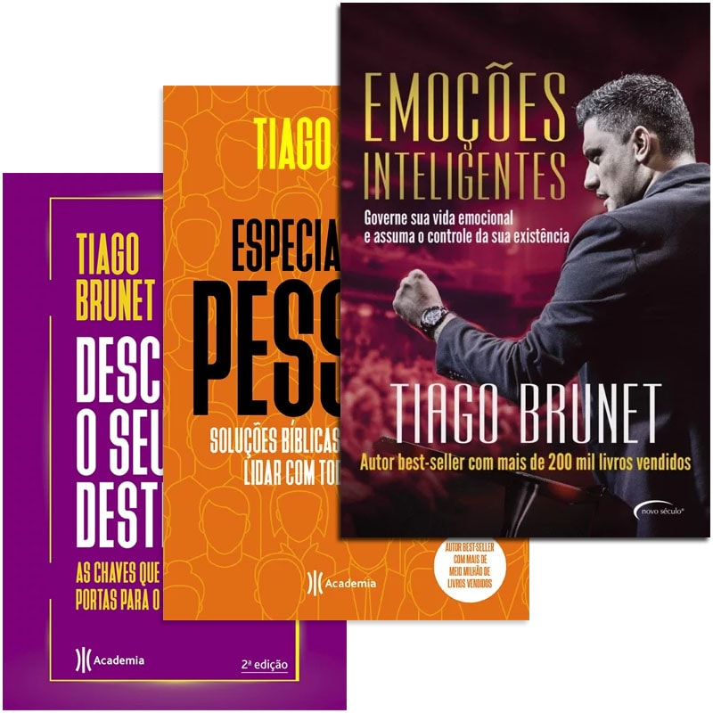 Kit de 3 Livros Tiago Brunet, com capas nas cores roxo, laranja e vermelho. — Plenitude