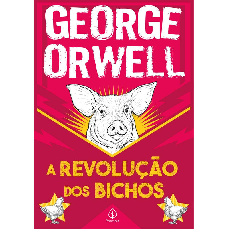 Capa do livro A Revolução dos Bichos, de George Orwell, vermelha com um porco e galinhas. — Plenitude