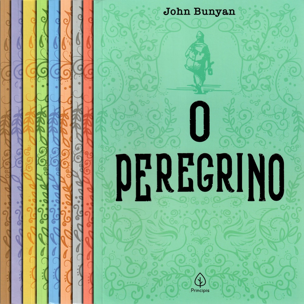 Kit 10 Livros Clássicos da Literatura Cristã, O Peregrino, capa verde com ilustração, em fila. — Plenitude