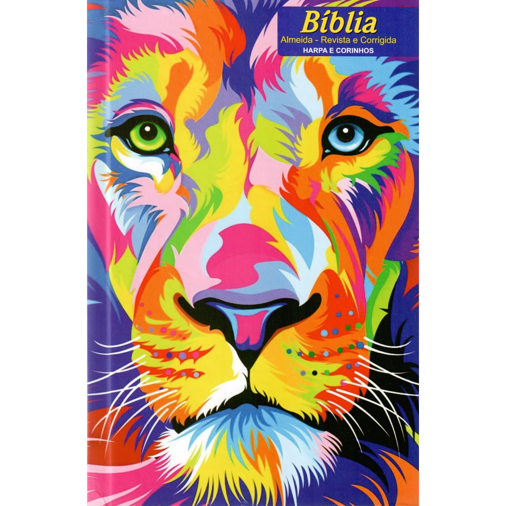 Bíblia Almeida Revista e Corrigida, capa dura ilustrada com leão colorido em estilo aquarela, com harpa e corinhos. — Plenitude.