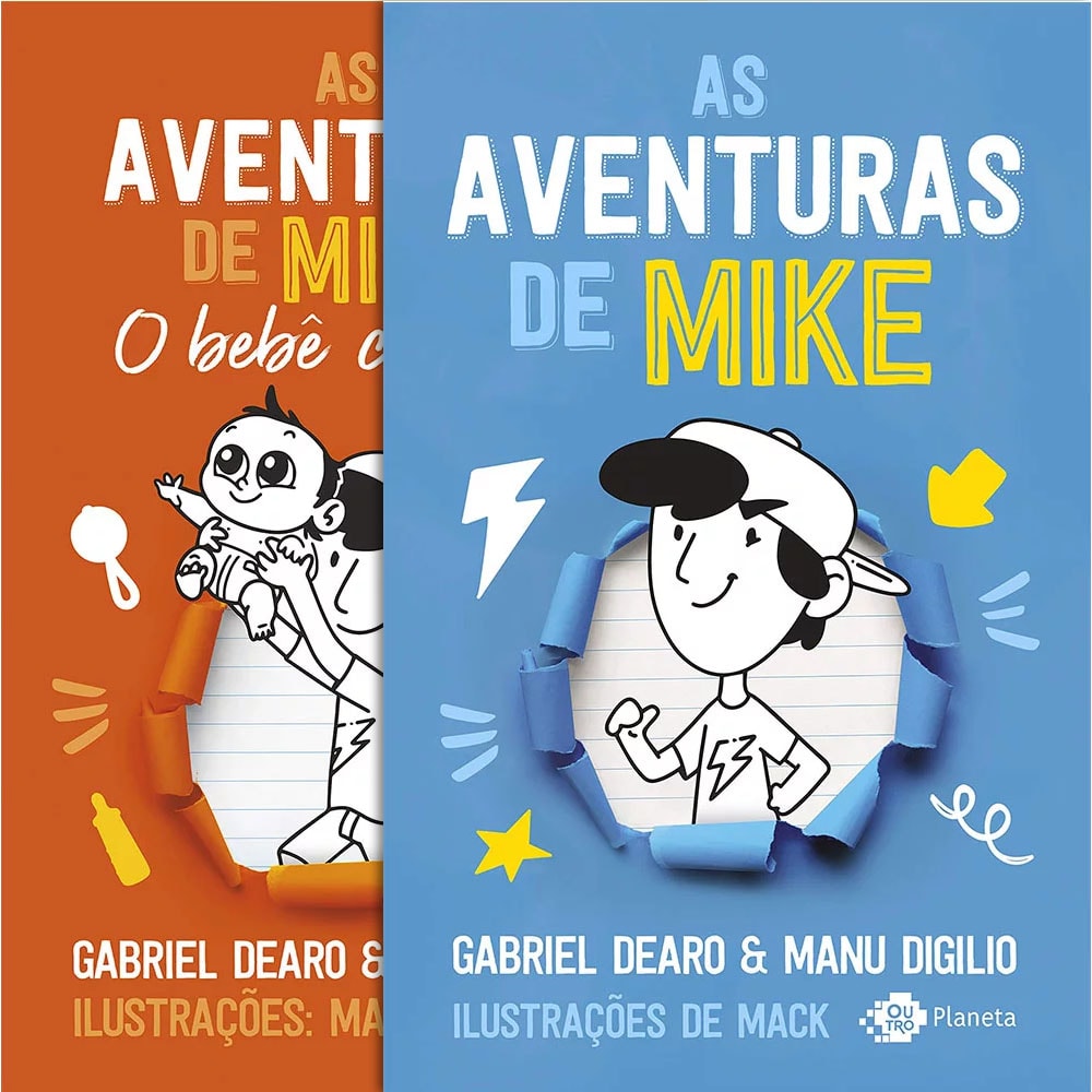 Kit de Livros As Aventuras de Mike: Dois livros ilustrados, um laranja e um azul, com personagens de desenho. — Plenitude