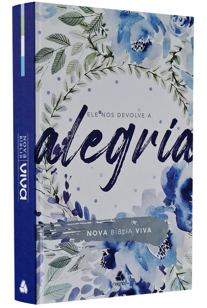 Bíblia Nova Viva Alegria, capa dura com estampa floral azul e verde, texto "Ele nos devolve a alegria". — Plenitude