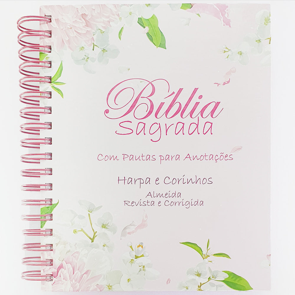 Bíblia Sagrada ARC, capa dura floral com espiral rosa, com pautas para anotações e Harpa e Corinhos. — Plenitude