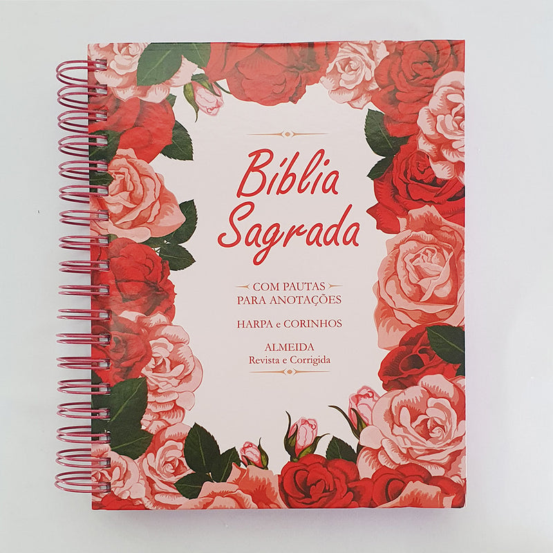 Bíblia com Espaço para Anotações | ARC | Letra Normal | Harpa e Abas | Floral Rosa Espiral