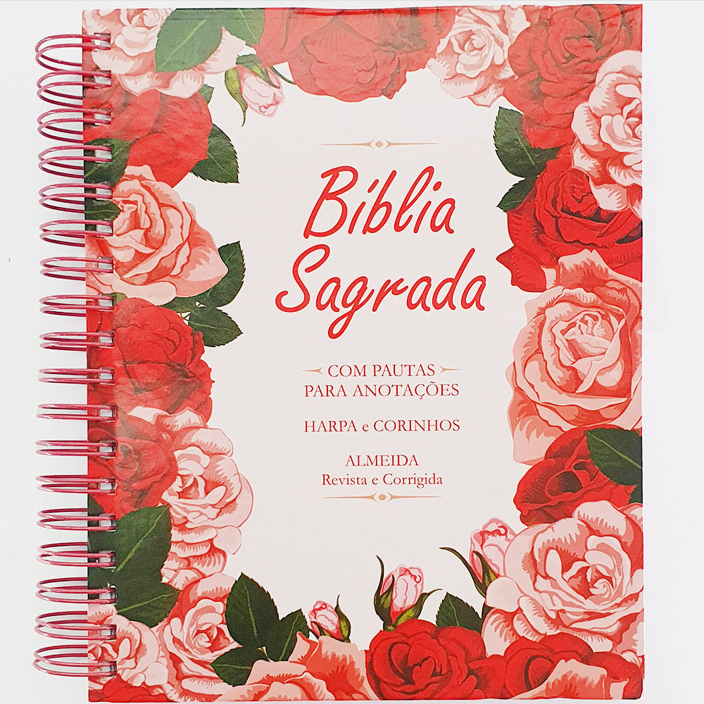 Bíblia Sagrada ARC, capa dura floral rosa com espiral, espaço para anotações e harpa. — Plenitude