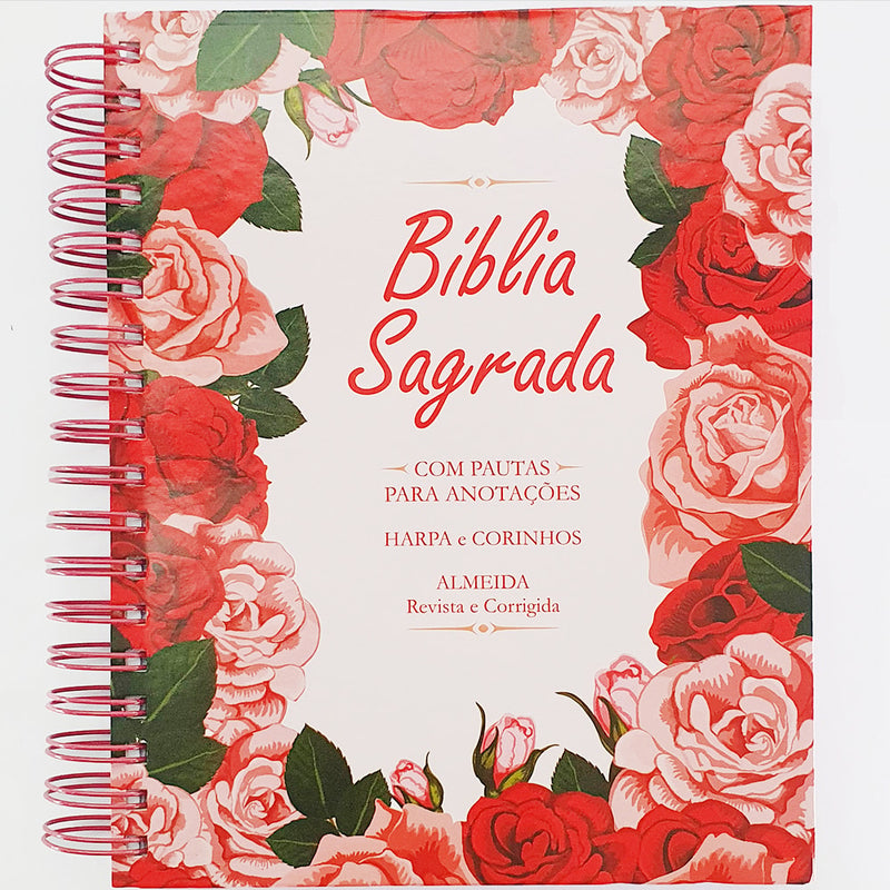 Bíblia com Espaço para Anotações | ARC | Letra Normal | Harpa e Abas | Floral Rosa Espiral