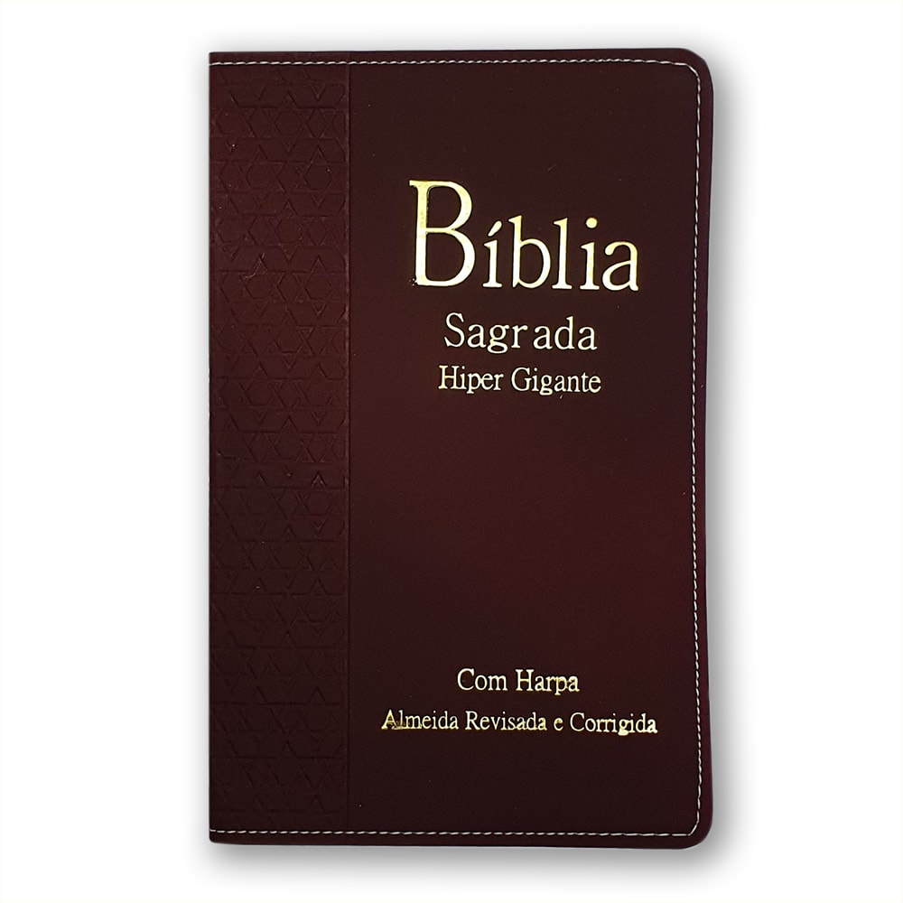 Bíblia Sagrada Almeida Revista e Corrigida, capa PU semi-luxo vinho com detalhes em dourado e harpa. — Plenitude.