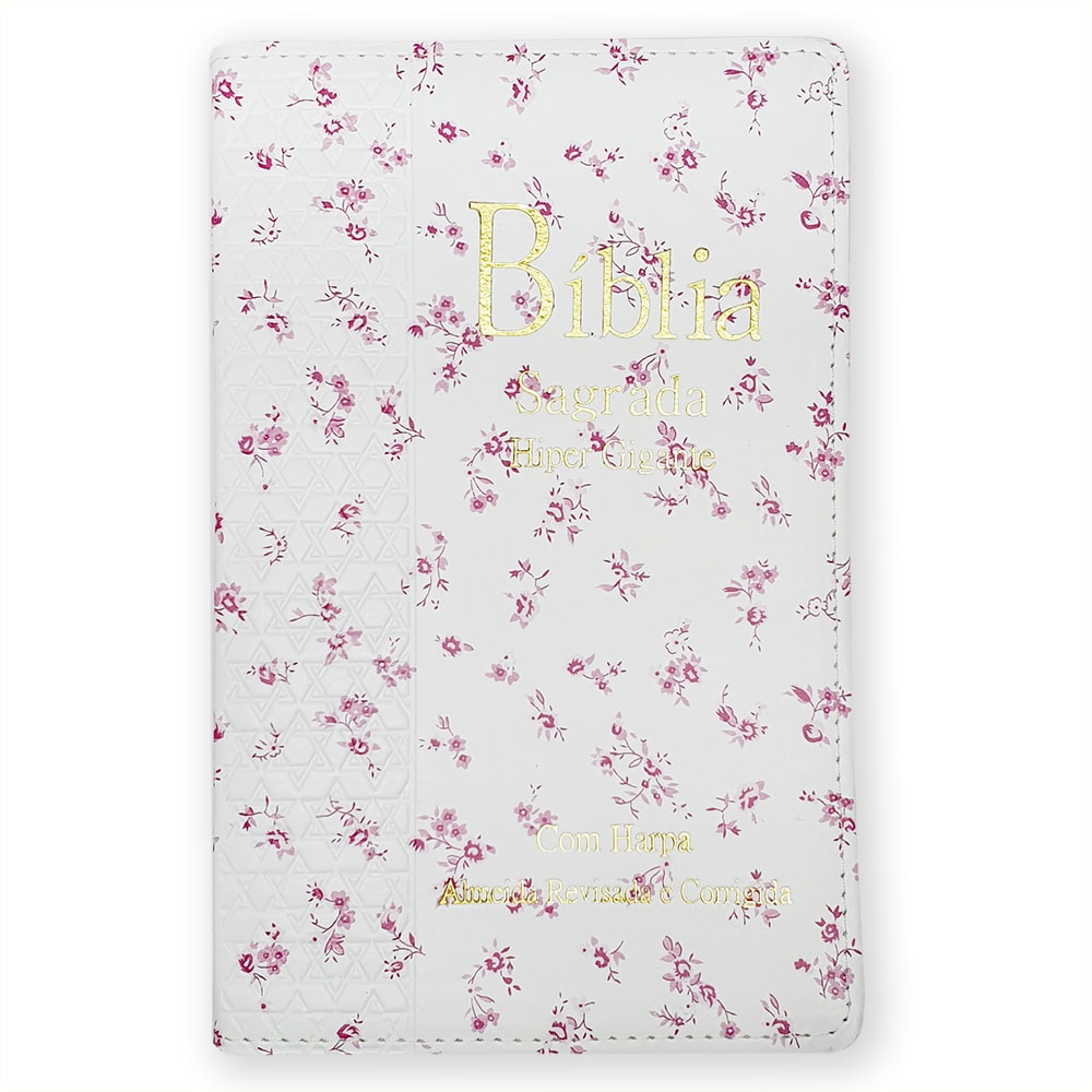 Bíblia Sagrada ARC Letra Hipergigante, capa PU branca com estampa floral rosa, detalhes dourados e Harpa. — Plenitude
