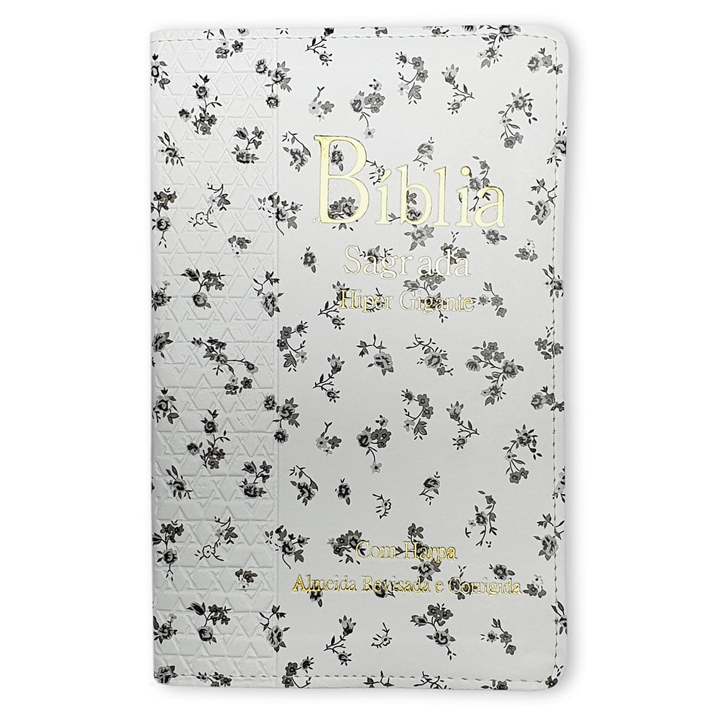Bíblia Sagrada ARC, capa PU branca com estampa floral preta, letra hipergigante, com harpa. — Plenitude