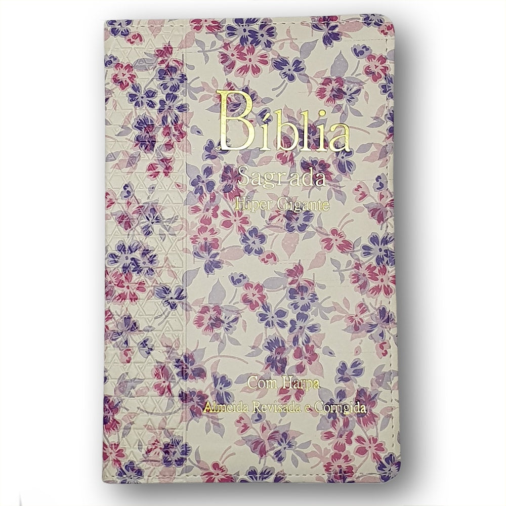 Bíblia Sagrada ARC Letra Hipergigante, capa PU semi-luxo floral rosa e roxo. — Plenitude