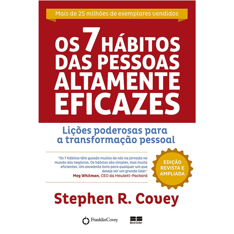Livro: Os 7 Hábitos das Pessoas Altamente Eficazes, Stephen R. Covey. Capa vermelha com título em branco. — Plenitude