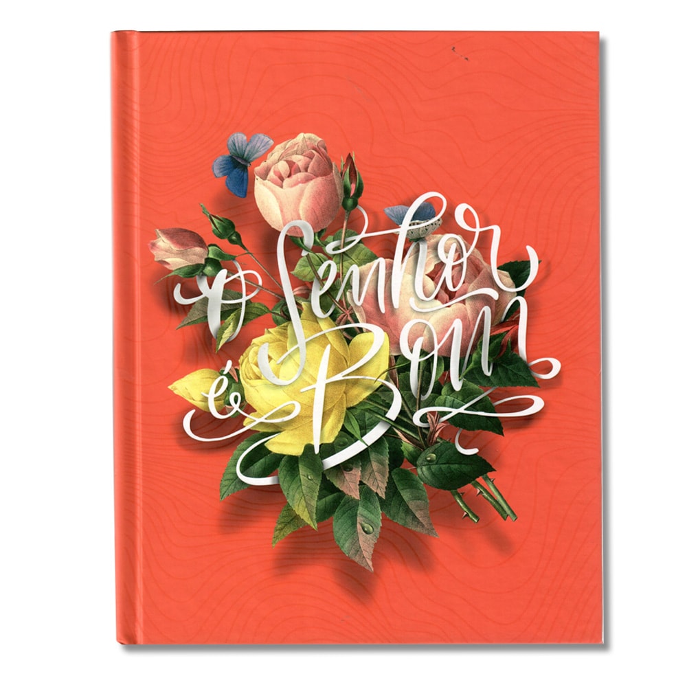 Bíblia NVI Capa Dura "O Senhor é Bom" com rosas e borboletas em fundo laranja. — Plenitude