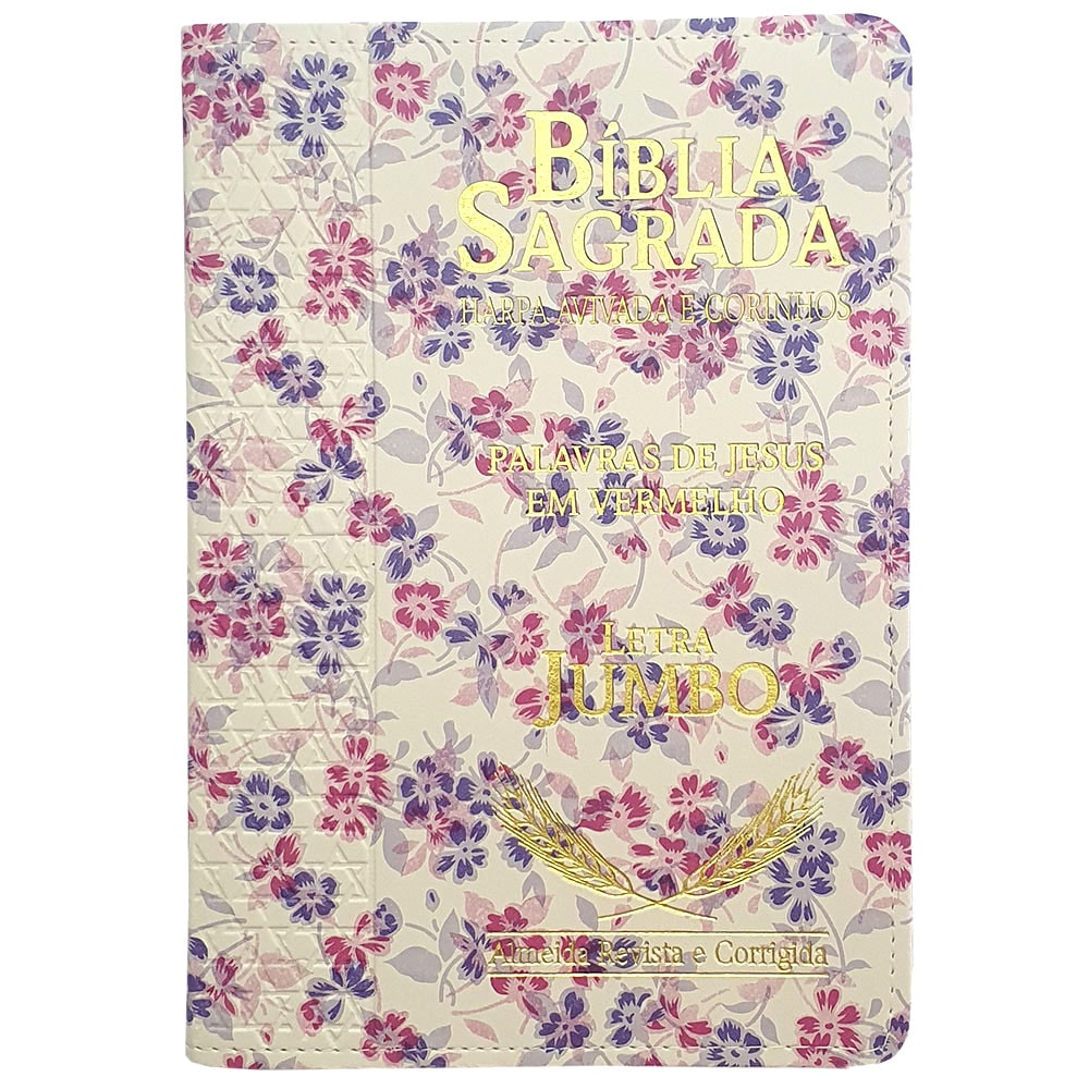 Bíblia Sagrada ARC, capa PU floral rosa e roxa, letra Jumbo, Palavras de Jesus em vermelho. — Plenitude