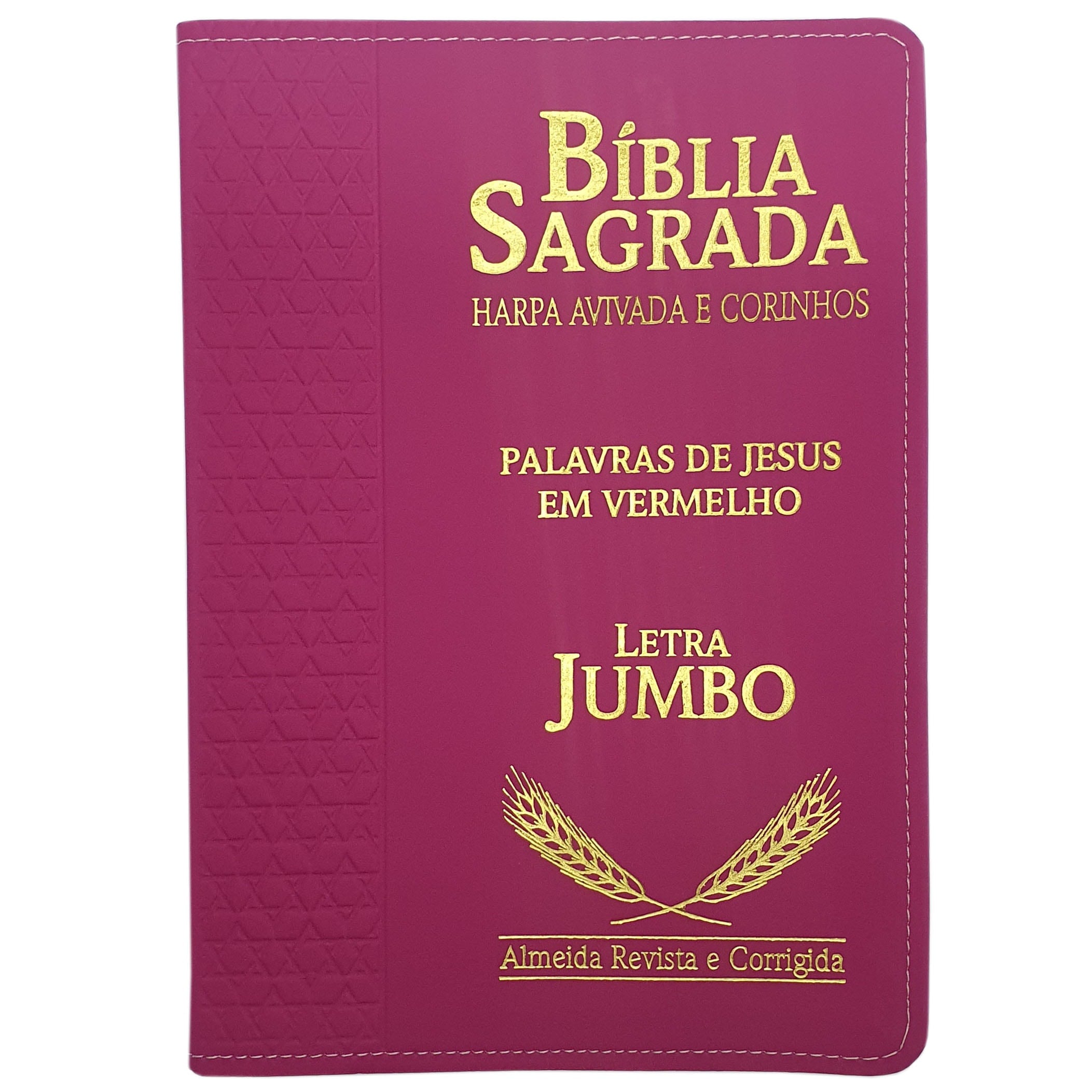 Bíblia Sagrada Harpa Avivada e Corinhos, ARC, Letra Jumbo, capa PU pink com detalhes em dourado e padrão triangular. — Plenitude