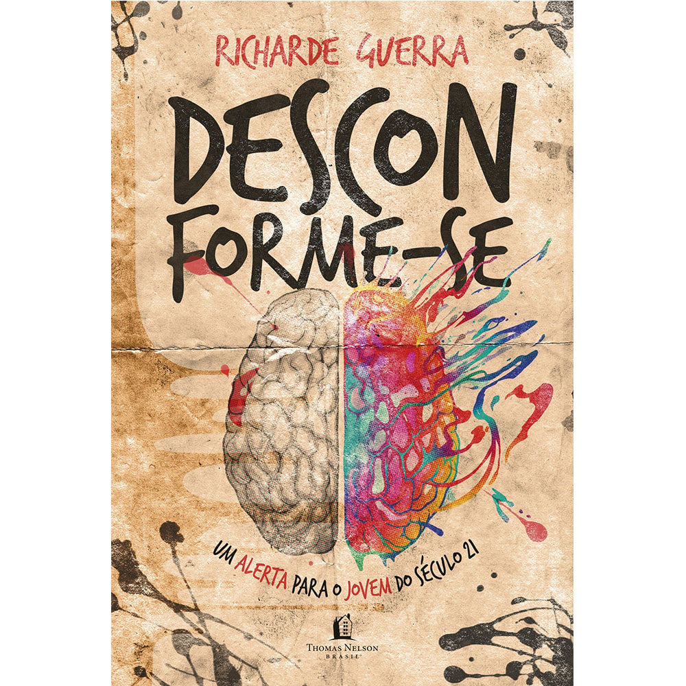 Livro Desconforme-Se de Richarde Guerra, capa marrom com ilustração de cérebro colorido. — Plenitude