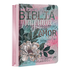 Bíblia Anote Espiral NVI Flor Artística, capa com flores em tons pastel e espiral rosa. — Plenitude