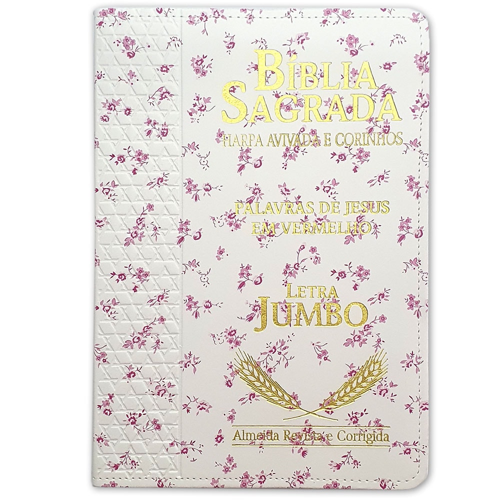 Bíblia Sagrada ARC Letra Jumbo, capa PU branca com estampa floral rosa, detalhes dourados e textura lateral. — Plenitude
