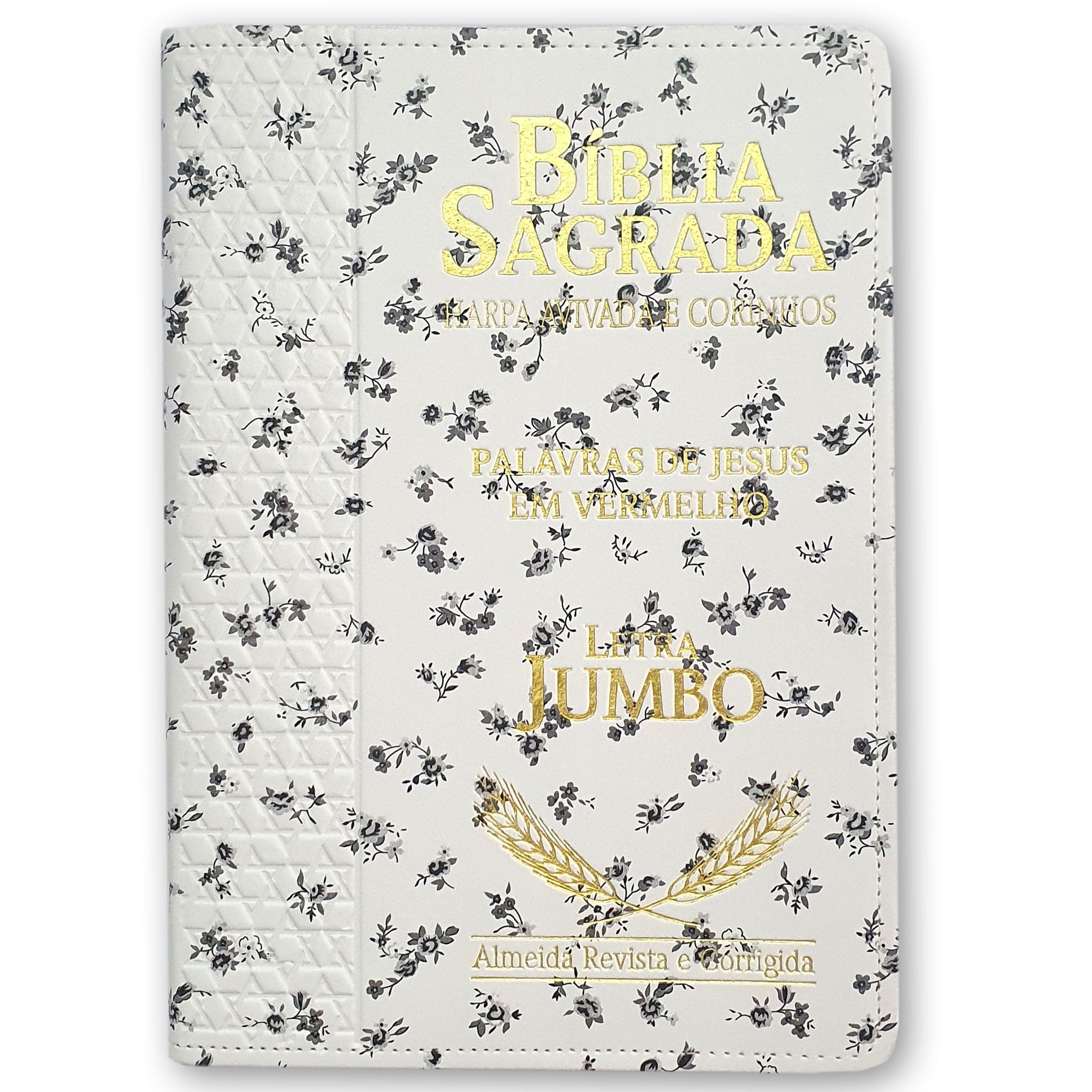 Bíblia Sagrada ARC Letra Jumbo, capa branca com estampa floral preta e detalhes dourados. — Plenitude