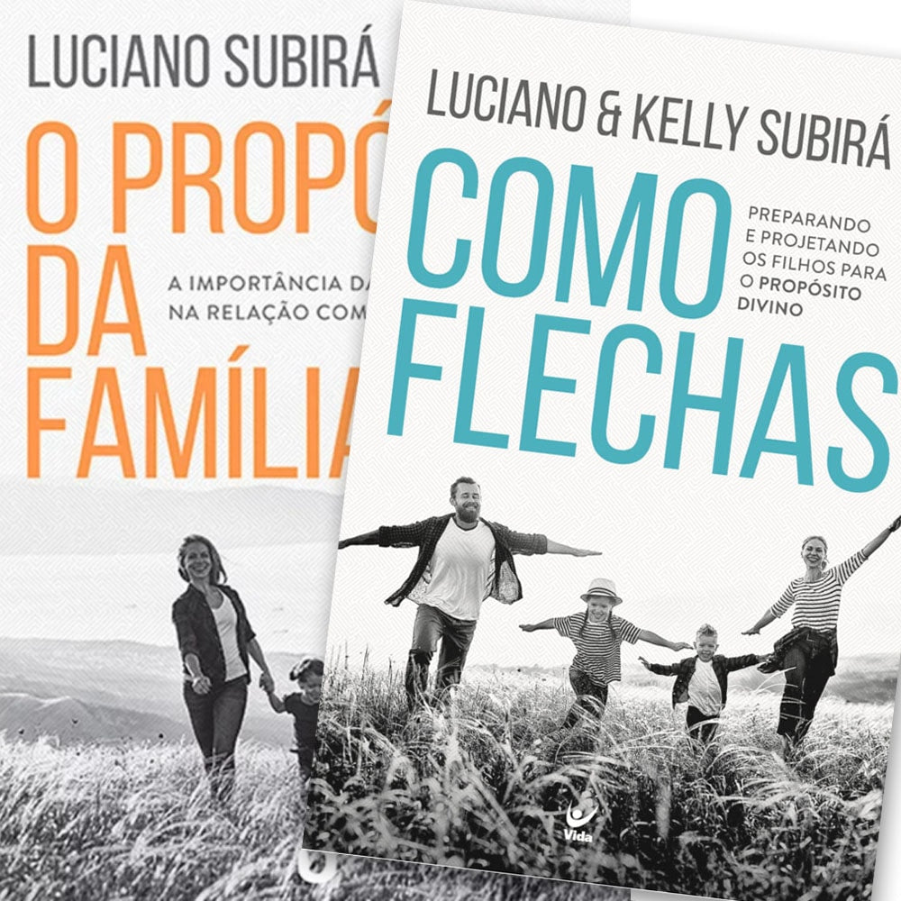 Kit de Livros Propósitos da Família Luciano Subirá: Dois livros, um laranja "O Propósito da Família" e outro azul "Como Flechas". — Plenitude