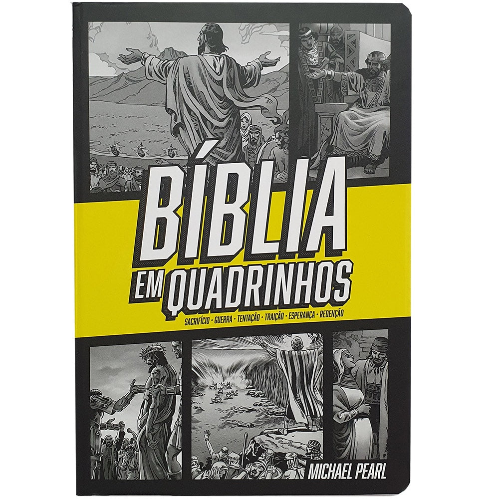 Capa dura amarela da Bíblia em Quadrinhos, ilustrada com cenas bíblicas em preto e branco. — Plenitude