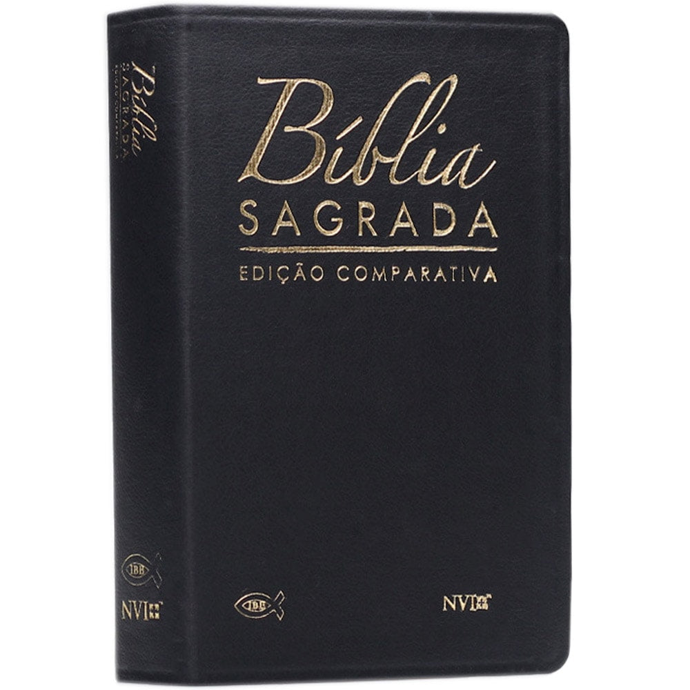 Bíblia Sagrada Edição Comparativa ARC e NVI, capa luxo preta com letras douradas e símbolos cristãos. — Plenitude
