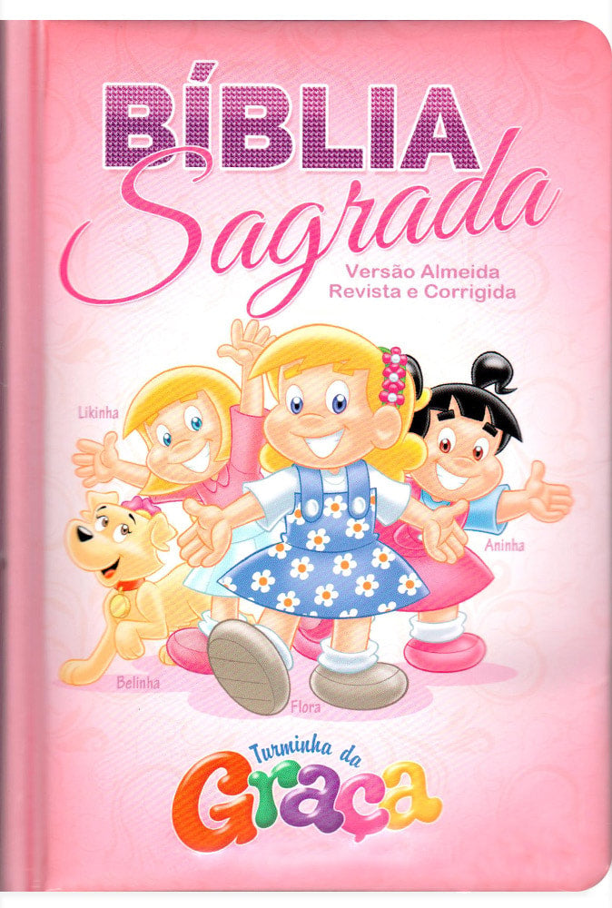 Bíblia Sagrada rosa com capa almofadada, versão Almeida Revista e Corrigida, ilustrada com personagens da Turminha da Graça — Plenitude