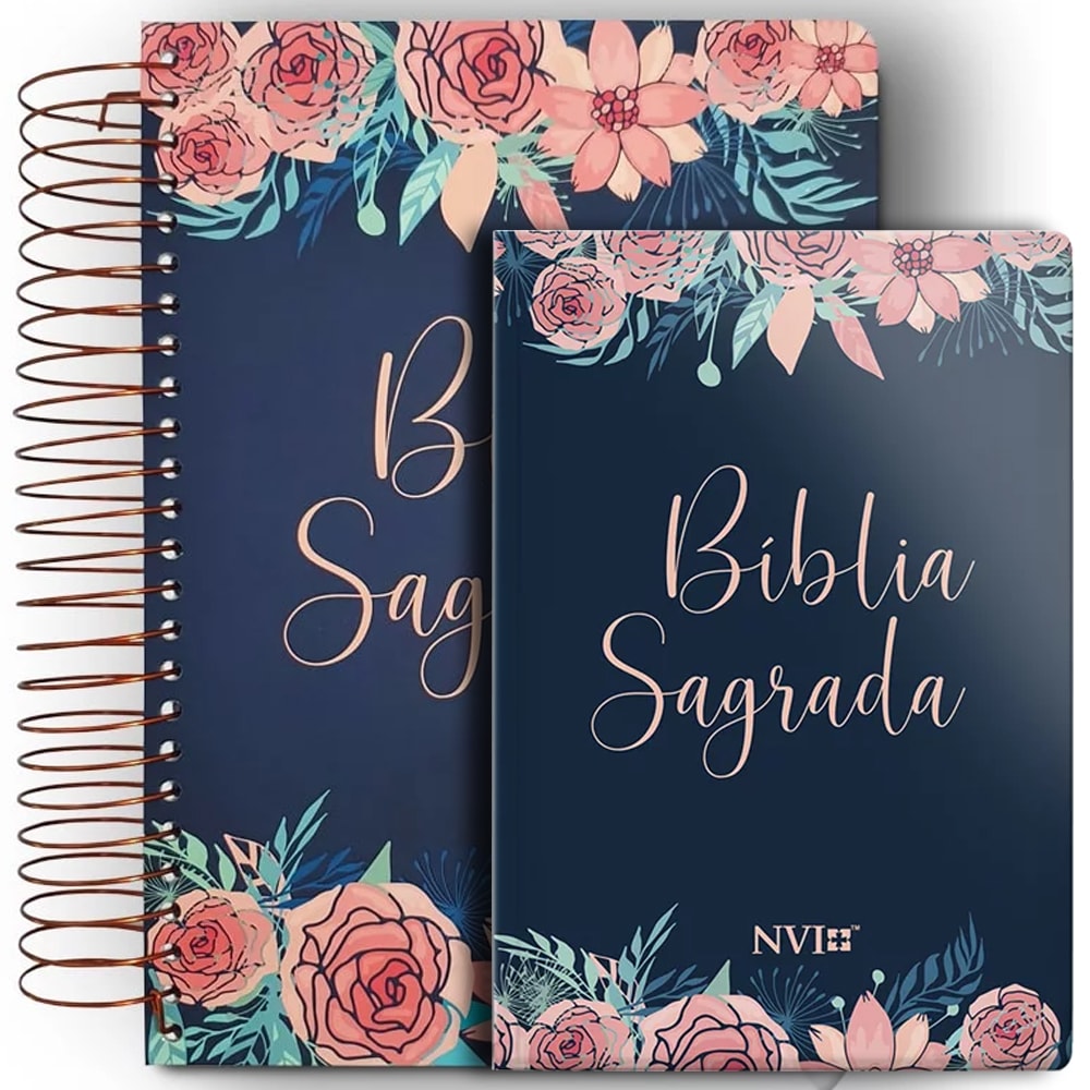 Kit de Bíblias Rosas Especial, espiral e capa dura, com estampa de rosas em tons de rosa e azul marinho. — Plenitude