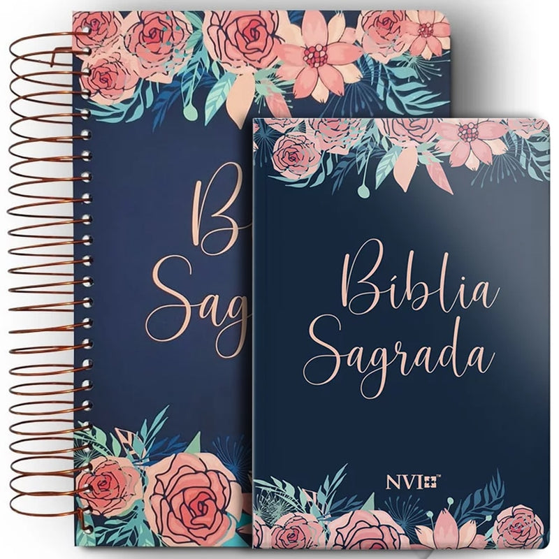 Kit de Bíblias Rosas Especial, espiral e capa dura, com estampa de rosas em tons de rosa e azul marinho. — Plenitude