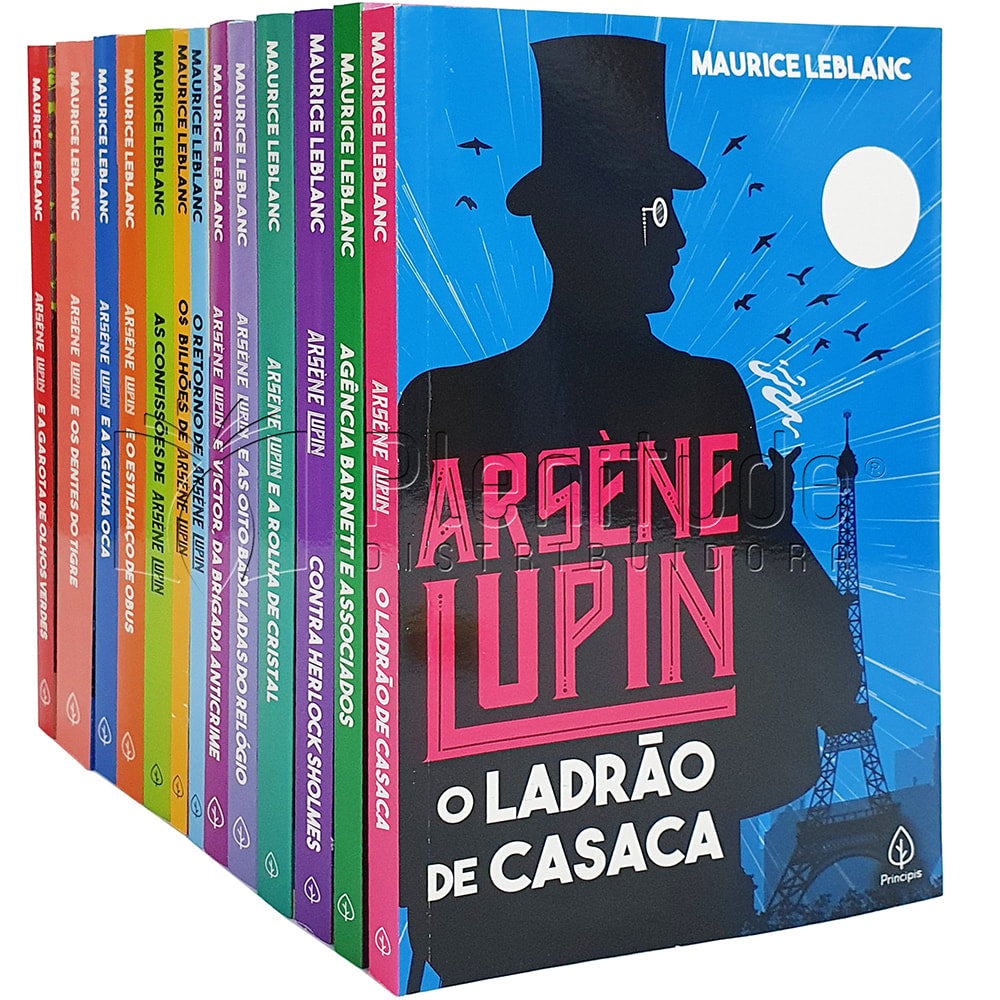 Kit de 13 Livros As Aventuras de Arsene Lupin, Maurice Leblanc. Livros com capas coloridas e ilustração de homem de chapéu. — Plenitude
