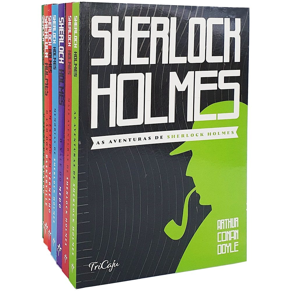 Kit de 7 Livros As Aventuras de Sherlock Holmes de Arthur Conan Doyle, com capas coloridas e uma caixa preta. — Plenitude