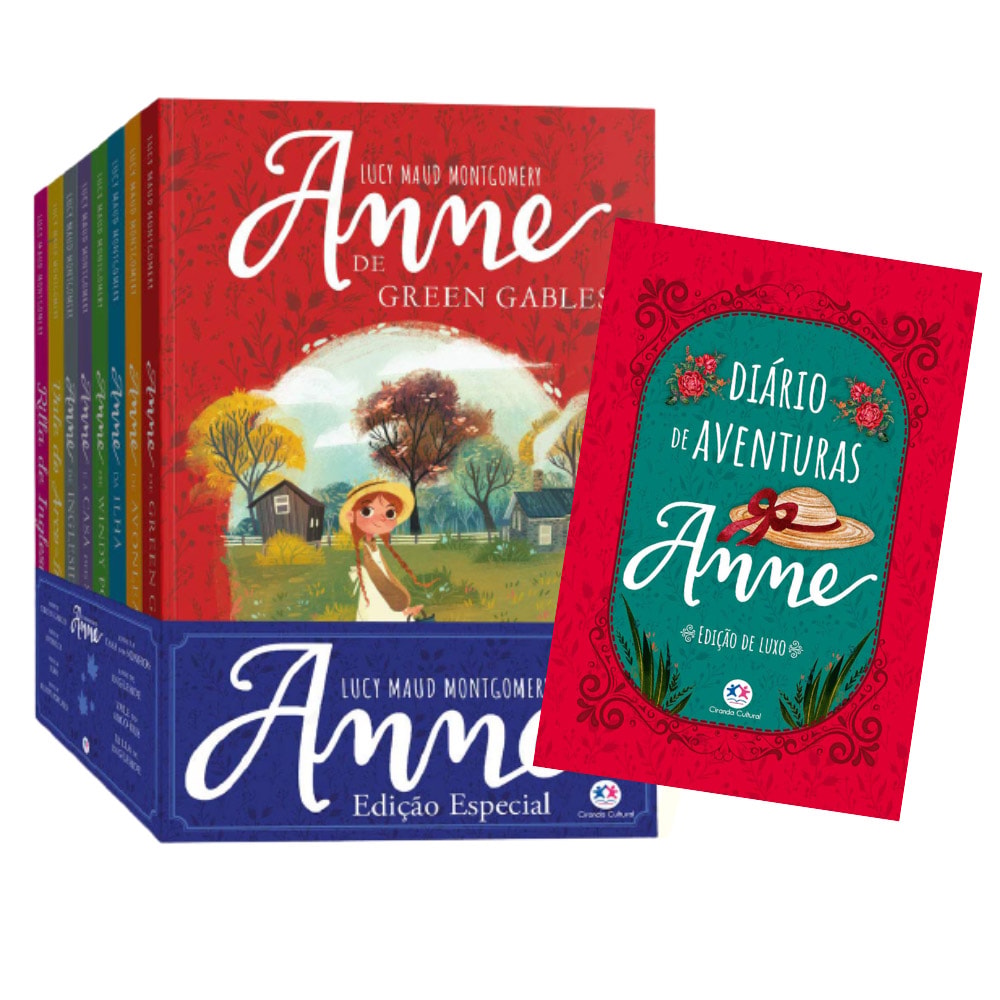 Kit de 8 livros Anne de Green Gables + Diário de Aventuras, capa vermelha e azul com ilustração de Anne. — Plenitude