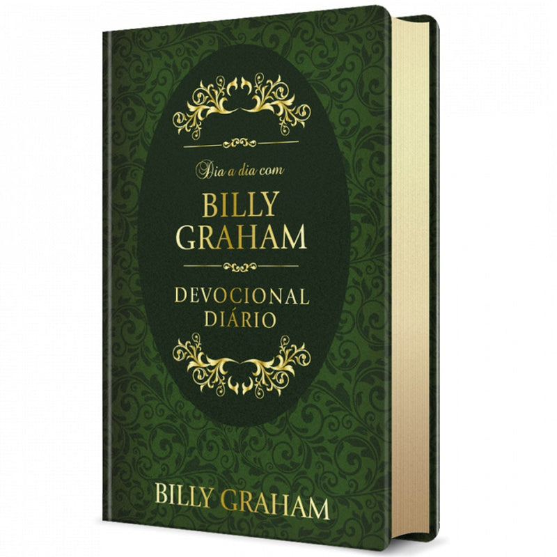 Livro Dia a dia com Billy Graham, capa dura verde escura com detalhes dourados ornamentados. — Plenitude