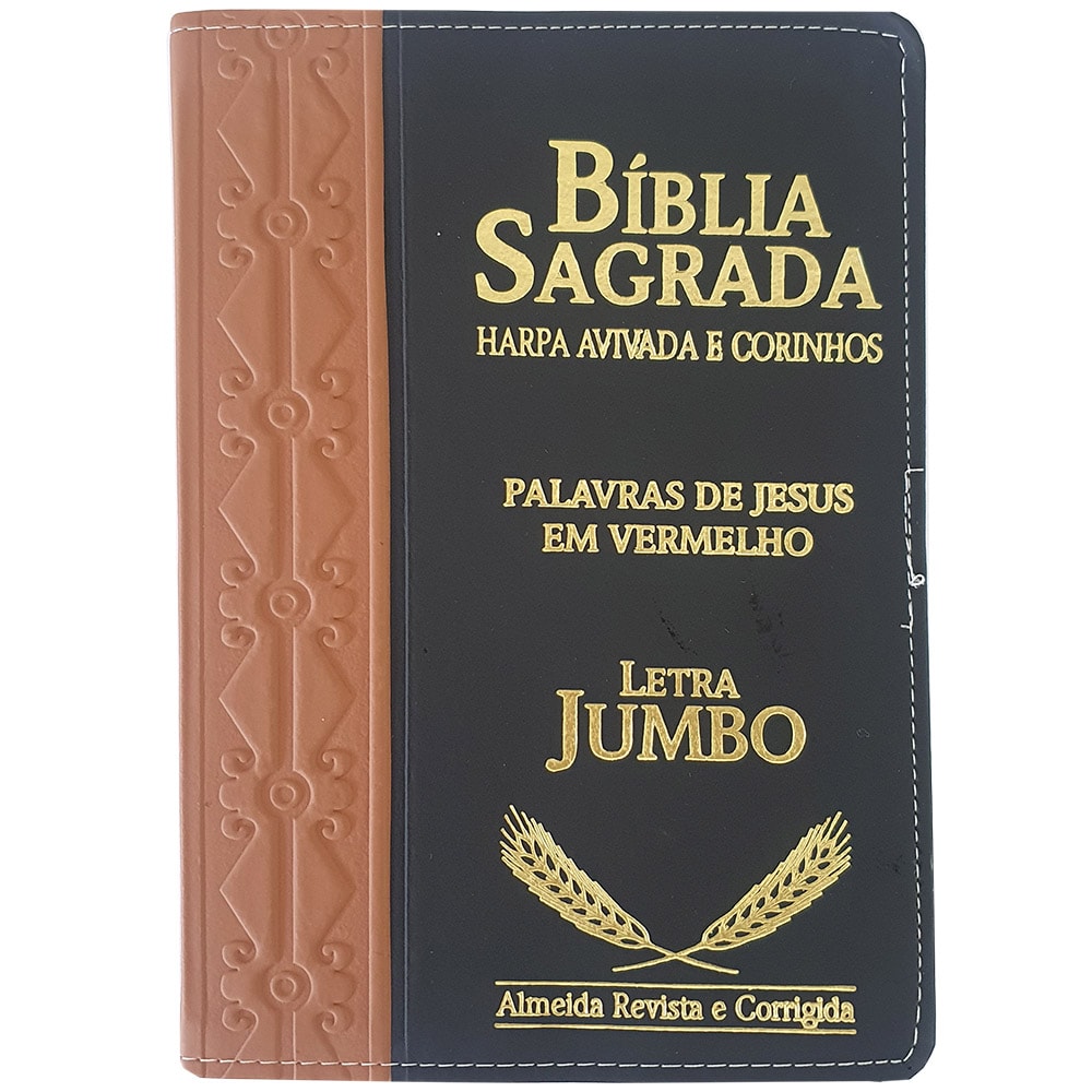 Bíblia Sagrada ARC, capa bicolor marrom e preta em PU semi-luxo, letra Jumbo, com Harpa Avivada e Corinhos. — Plenitude