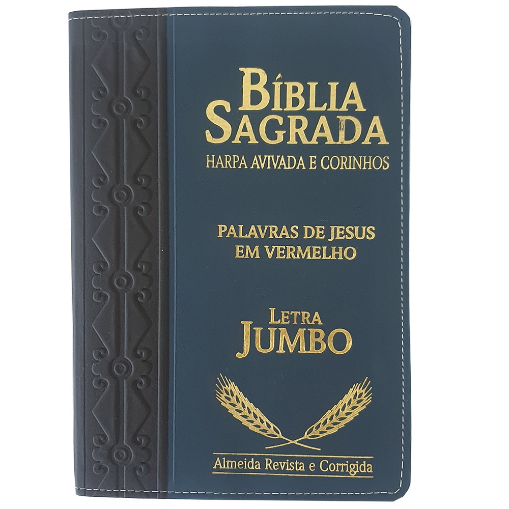 Bíblia Sagrada ARC Letra Jumbo, capa bicolor preta e azul, com Harpa Avivada e Corinhos, Palavras de Jesus em Vermelho — Plenitude