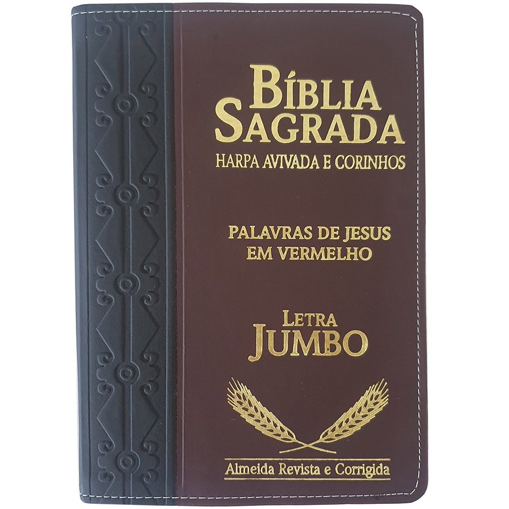 Bíblia Sagrada ARC, letra jumbo, capa bicolor preta e marrom com detalhes em relevo e letras douradas. — Plenitude