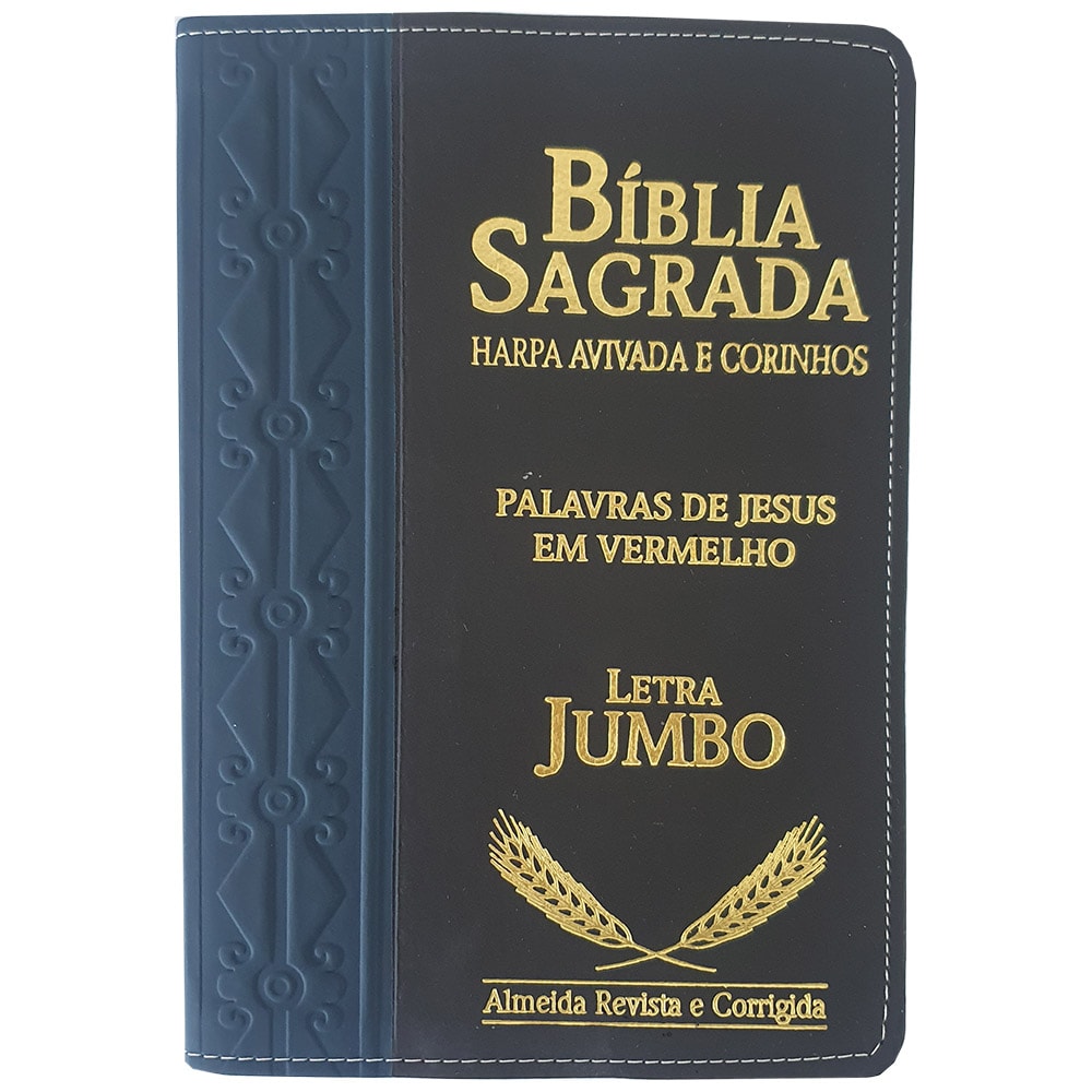 Bíblia Sagrada Harpa Avivada e Corinhos ARC Letra Jumbo, capa bicolor azul e preta com detalhes em dourado. — Plenitude