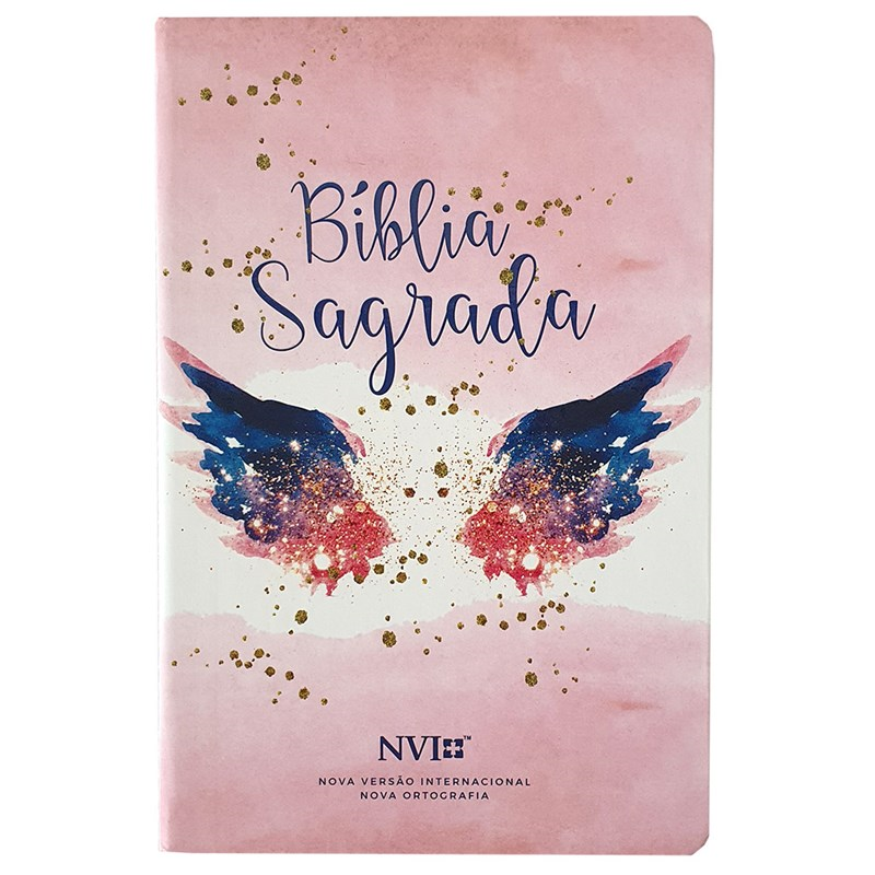 Bíblia Sagrada NVI, capa dura rosa com asas em aquarela azul e rosa, detalhes dourados e letras cursivas. — Plenitude