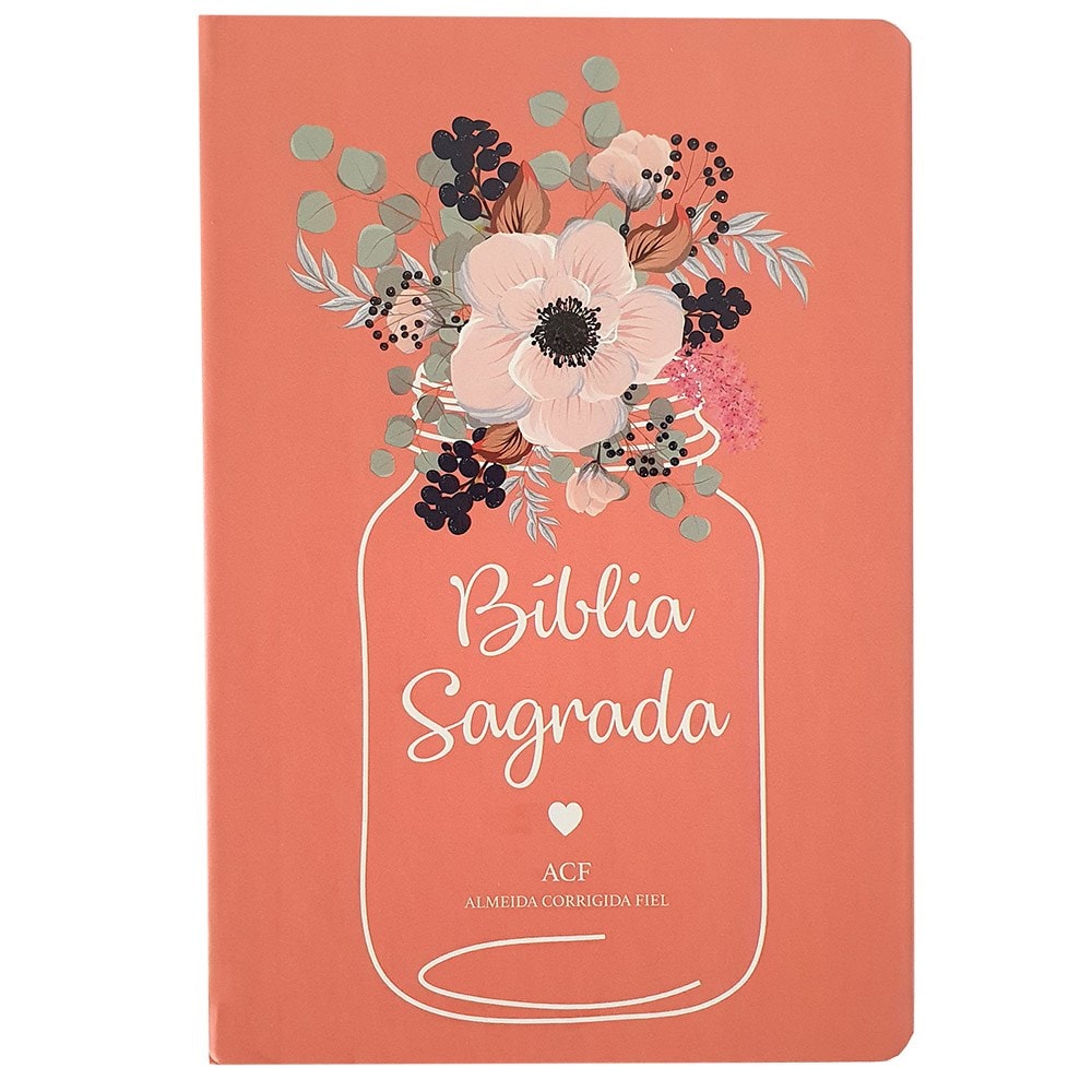 Bíblia Sagrada ACF, capa dura coral com arranjo floral em pote e letras brancas. — Plenitude