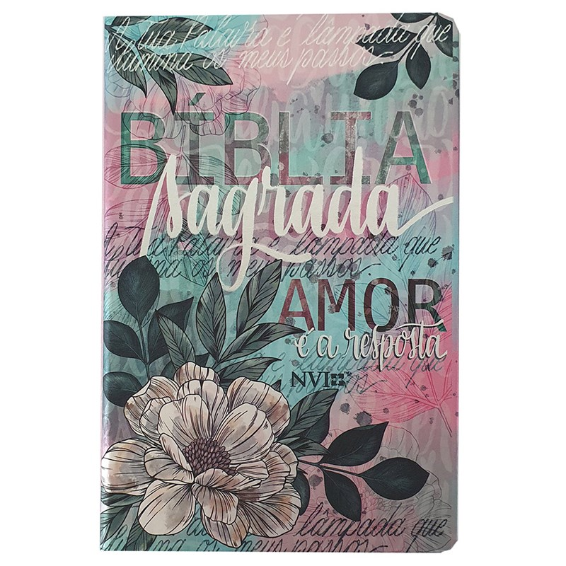Bíblia Sagrada NVI capa dura floral com fundo rosa e azul, detalhes em folhas verdes e flores brancas. — Plenitude