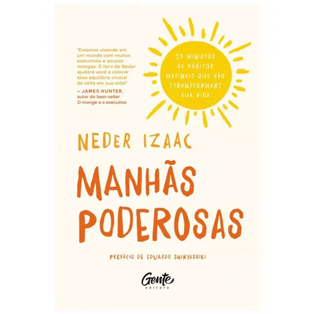 Livro Manhãs Poderosas, capa comum, bege com sol amarelo e título em laranja. — Plenitude