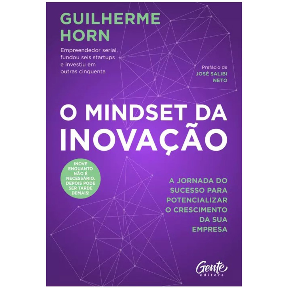 Livro O Mindset da Inovação de Guilherme Horn, capa roxa com linhas brancas e letras brancas. — Plenitude
