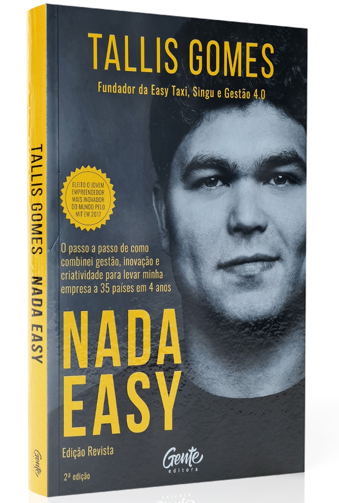 Livro Nada Easy (Nova Edição) de Tallis Gomes, capa preta e amarela com foto do autor. — Plenitude