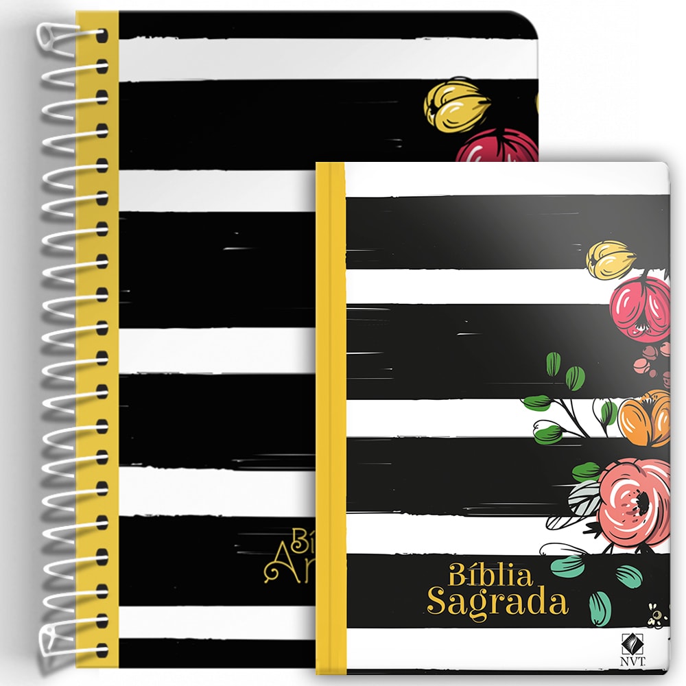 Kit de Bíblias Listradas, espiral e capa dura, com listras pretas e brancas e detalhes florais. — Plenitude