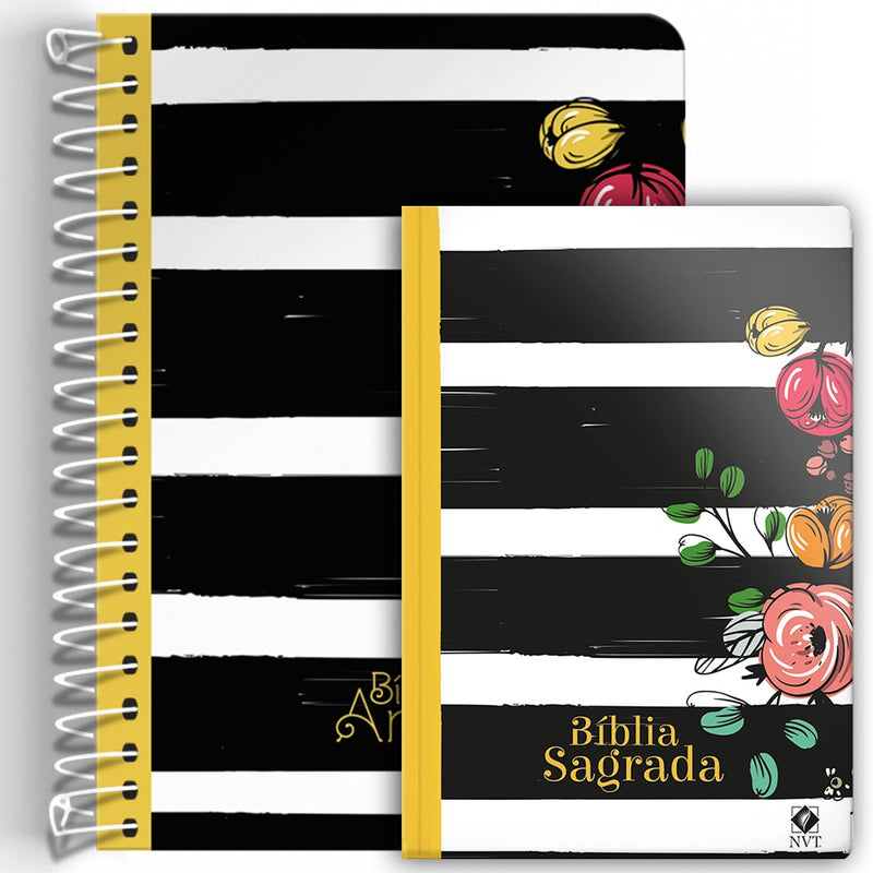 Kit de Bíblias Listradas, espiral e capa dura, com listras pretas e brancas e detalhes florais. — Plenitude