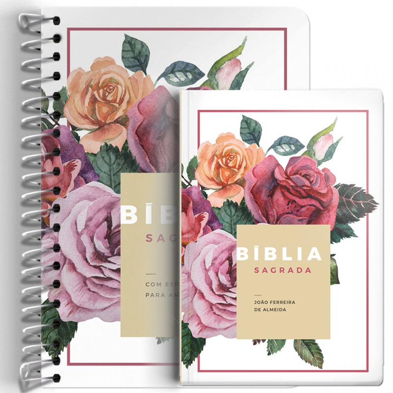 Kit de Bíblias Floral, espiral e capa dura, com estampa de rosas em tons de rosa e laranja. — Plenitude