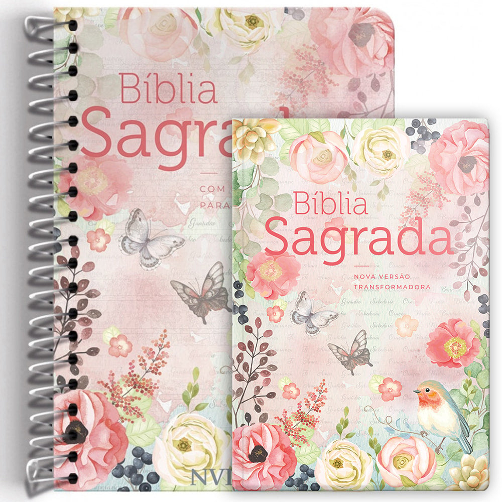 Kit de Bíblias Virtuosa, espiral e capa dura, com estampa floral em tons de rosa e borboletas. — Plenitude