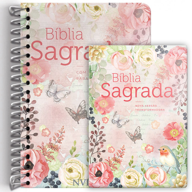 Kit de Bíblias Virtuosa, espiral e capa dura, com estampa floral em tons de rosa e borboletas. — Plenitude