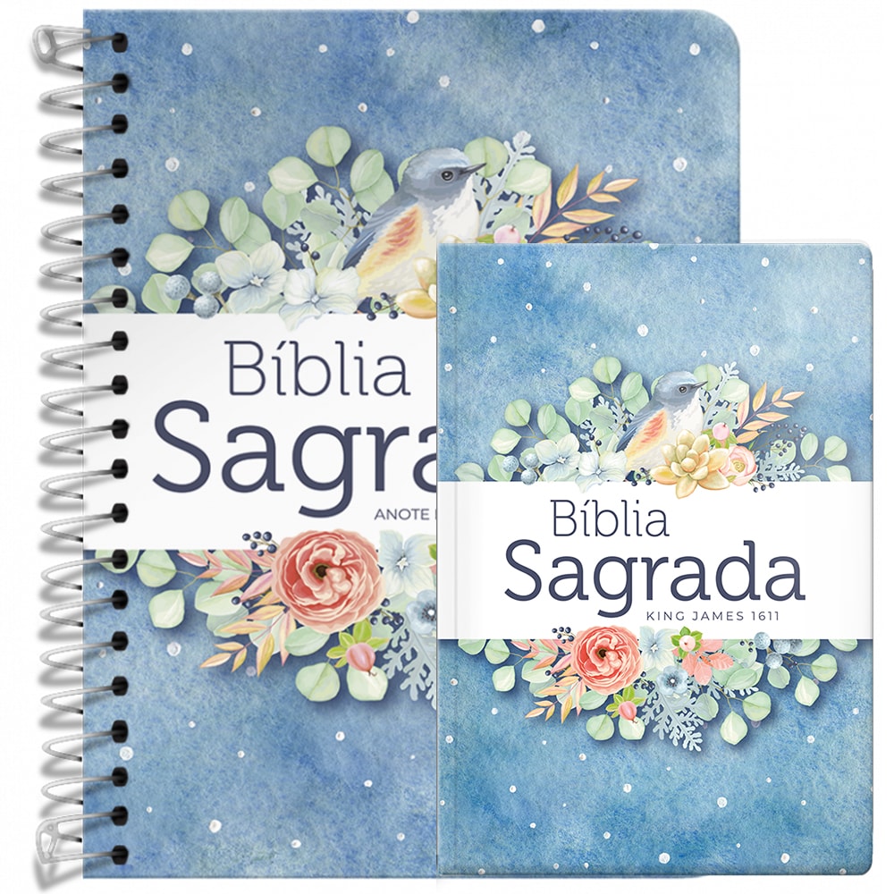 Kit de Bíblias Pontos de Luz, espiral e capa dura, com estampa floral e pássaros sobre fundo azul. — Plenitude